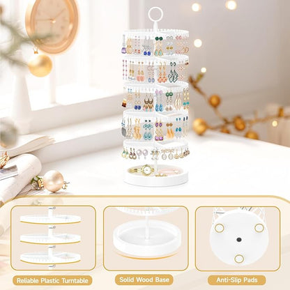 MODOWEY 5 Tier Rotating Earring Holder Organizer Display Tree with Wooden Tray, Adjustable Plastic Stand with 285 Slots for Stud Hoop Hanger, Large Capacity Storage Rack for Women Space Saving, White