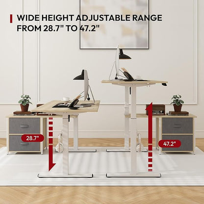 SANODESK 55'' L Shaped Standing Desk with 2-Drawer File Cabinet, Electric Height Adjustable Stand up Desk w/USB Charge Ports, Home Office Modern Wood Computer Desk with Shelves,White Frame/Maple Top