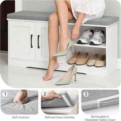Storage Bench, 39.4" Wide Shoe Bench with Padded Seat Cushion, Entryway Bench with 2 Doors and Adjustable Shelf, End of Bed Bench, for Hallway, Bedroom, White and Gray BSWT1201