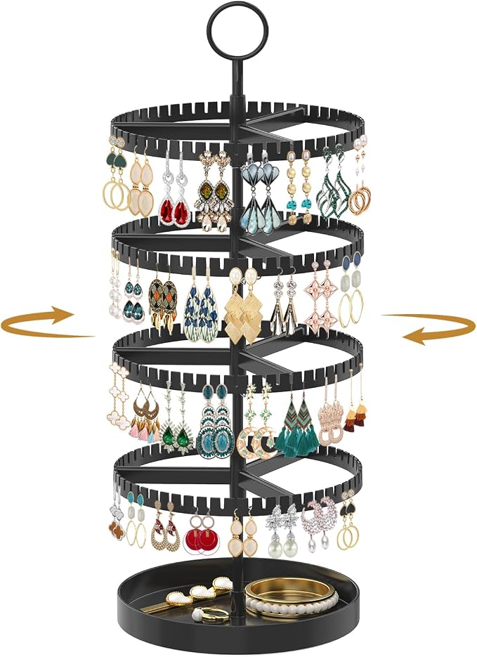 MODOWEY 4 Tier Rotating Earring Holder Organizer Display Tree with Metal Tray, Adjustable Plastic Stand with 228 Slots for Stud Hoop Hanger, Large Capacity Storage Rack for Women Space Saving, Black