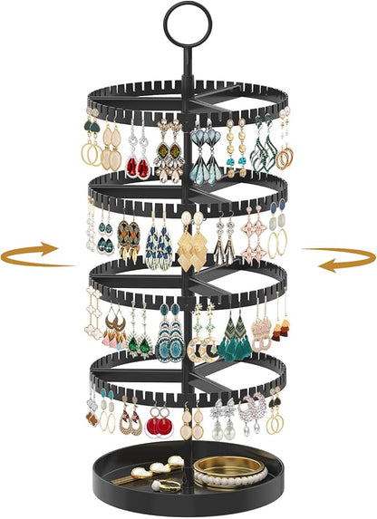 MODOWEY 4 Tier Rotating Earring Holder Organizer Display Tree with Metal Tray, Adjustable Plastic Stand with 228 Slots for Stud Hoop Hanger, Large Capacity Storage Rack for Women Space Saving, Black