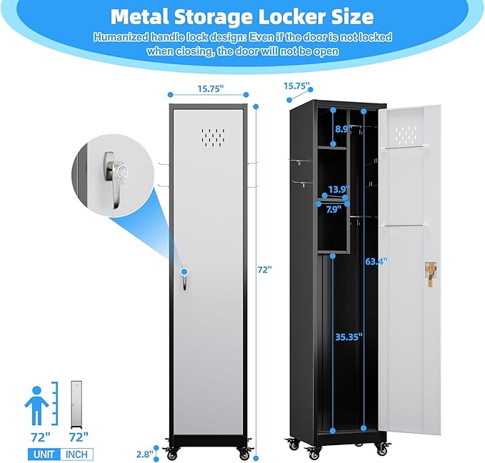 72" H Broom Closet Storage Cabinet, Metal Garage Storage Cabinet with Wheels, Pegboard, Locking Door and Hooks for Garage, Home, Utility Cleaning Cabinet for Broom and Mops, Black and White