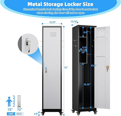 72" H Broom Closet Storage Cabinet, Metal Garage Storage Cabinet with Wheels, Pegboard, Locking Door and Hooks for Garage, Home, Utility Cleaning Cabinet for Broom and Mops, Black and White