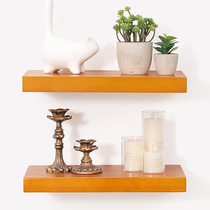 Marsmiles Wood Floating Shelves | Rustic Honey Oak Wall Shelves Set of 2 | 16" W x 7.7" D x 1.6" H Wooden Shelves for Bathroom Living Room Kitchen
