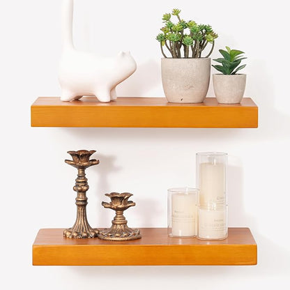 Marsmiles Wood Floating Shelves | Rustic Honey Oak Wall Shelves Set of 2 | 16" W x 7.7" D x 1.6" H Wooden Shelves for Bathroom Living Room Kitchen
