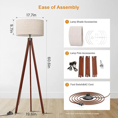 LEPOWER Wood Tripod Floor Lamp, Mid Century Standing Lamp, Modern Design Studying Light for Living Room, Bedroom, Study Room and Office, Flaxen Linen Shade with E26 Base Brown