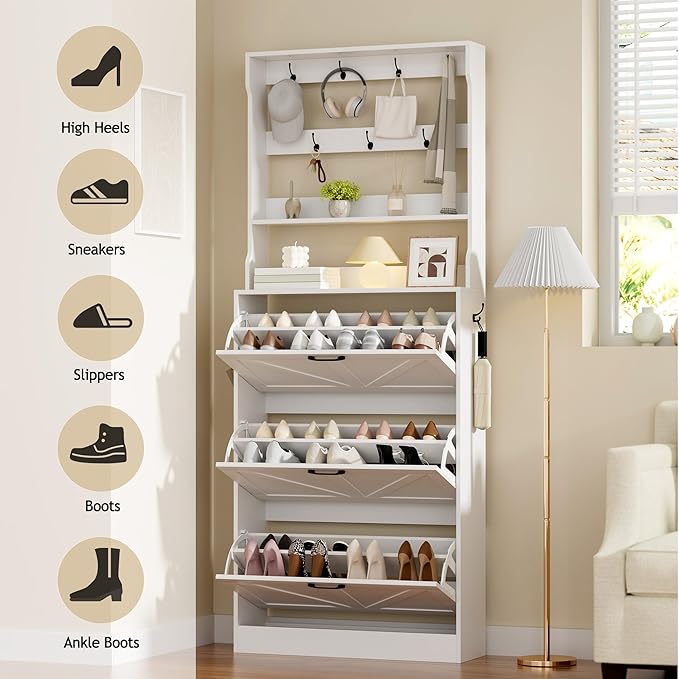 EOYUTLLY Shoe Cabinet Storage for Entryway, Narrow Shoe Rack Cabinet with 3 Flip Drawers & Coat Rack, Hidden Shoe Storage Cabinet, 2-in-1 Hall Tree Slim Freestanding Shoe Rack Organizer, White