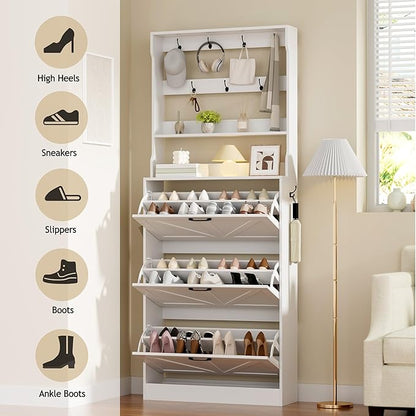 EOYUTLLY Shoe Cabinet Storage for Entryway, Narrow Shoe Rack Cabinet with 3 Flip Drawers & Coat Rack, Hidden Shoe Storage Cabinet, 2-in-1 Hall Tree Slim Freestanding Shoe Rack Organizer, White