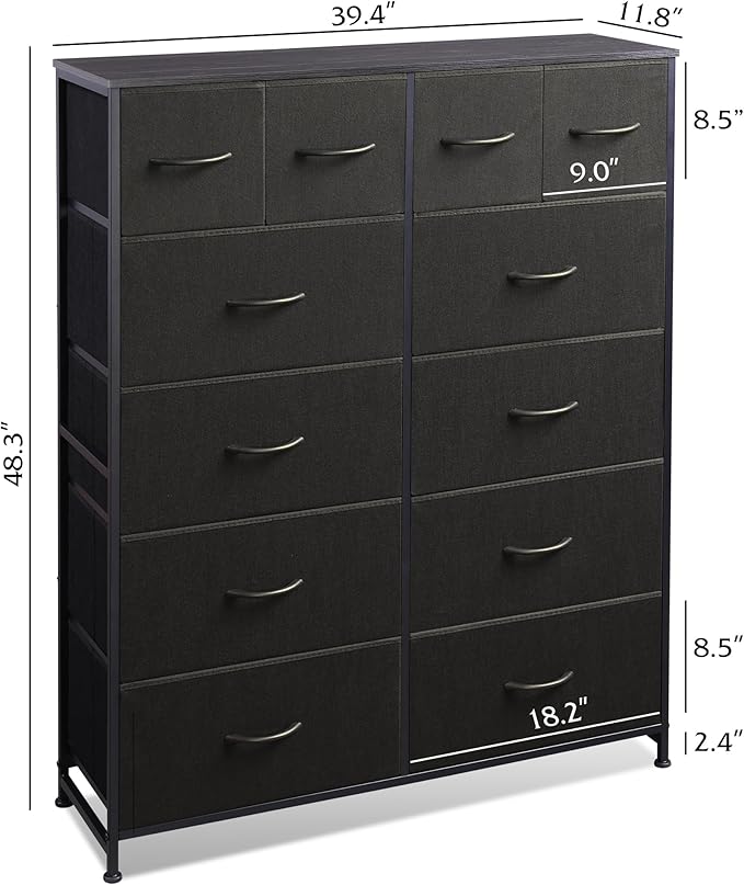 Tall Console Table with 12 Fabric Drawers, Tall Storage Organizer with Wood Top, Entryway Table with Storage, Steel Frame for Living Room, Hallway, Office, Charcoal Black