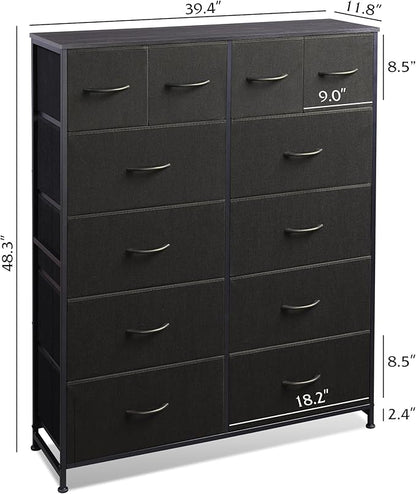 Tall Console Table with 12 Fabric Drawers, Tall Storage Organizer with Wood Top, Entryway Table with Storage, Steel Frame for Living Room, Hallway, Office, Charcoal Black