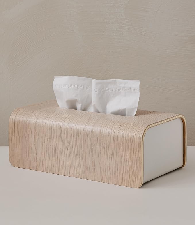Kazai.® Tissue Box Cover 'Toke' | Real Wood Veneer, FSC® Certified | Decorative Rectangle Tissue Holder for Bathroom or Living Room | Scandinavian Design | Oak, White