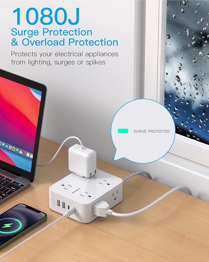 Extension Cord 25 Ft, HANYCONY 1080J Surge Protector Power Strip Long Cord with 8 AC Outlets and 4 USB Ports (2 USB-C), Wall Mount, Desk Charging Station for Home Office College Dorm Room Essentials
