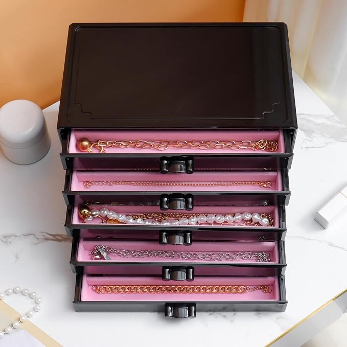 YUFONG Necklace Holder Organizer, Dustproof Necklace Box Velvet Necklace Organizer Box with Lid Clear Acrylic Dustproof Stackable Jewelry Displays for Necklaces Chain Display (Black Pink, 5 Drawer)