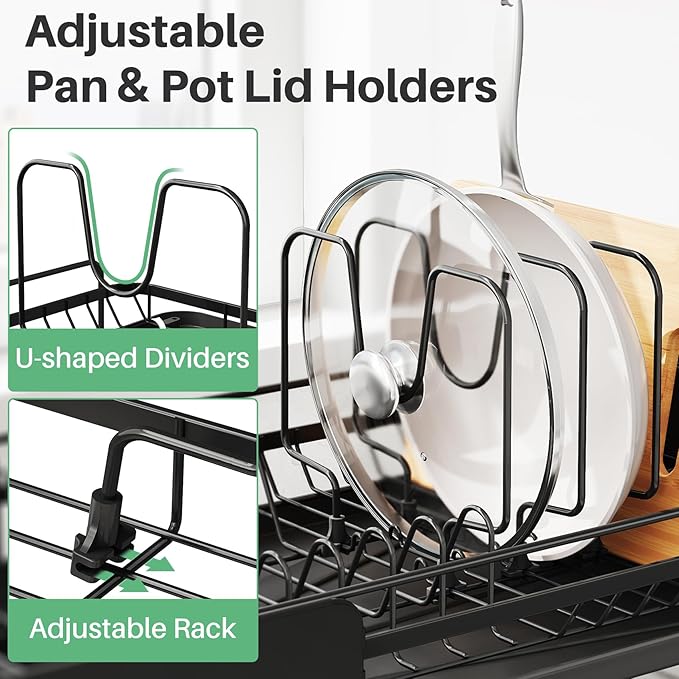 SNTD Large Dish Drying Rack - Expandable (19.3" to 29.4") Dish Rack for Kitchen Counter, Stainless Steel Dish Drainer with Utensil Holder, Pan Holder & Pot Lid Holder (Black)