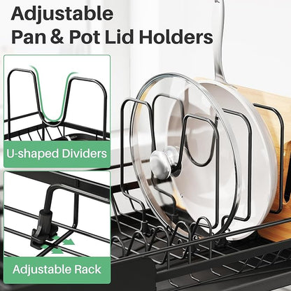SNTD Large Dish Drying Rack - Expandable (19.3" to 29.4") Dish Rack for Kitchen Counter, Stainless Steel Dish Drainer with Utensil Holder, Pan Holder & Pot Lid Holder (Black)