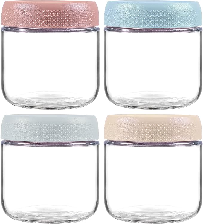 4 Pack Glass Clear Storage Canister with Airtight Lid, 12oz Overnight Oats Containers, Small Cute Decorative Pantry Jar for Snacks, Yogurt, Cereal, Fruit, Salad, Spice, Sugar, Coffee, Tea