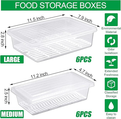 Meanplan 12 Packs Food Storage Containers for Fridge Plastic Refrigerator Organizers with Removable Drain Plate and Lid Stackable Produce Containers to Keep Fruits, Vegetables, Meat