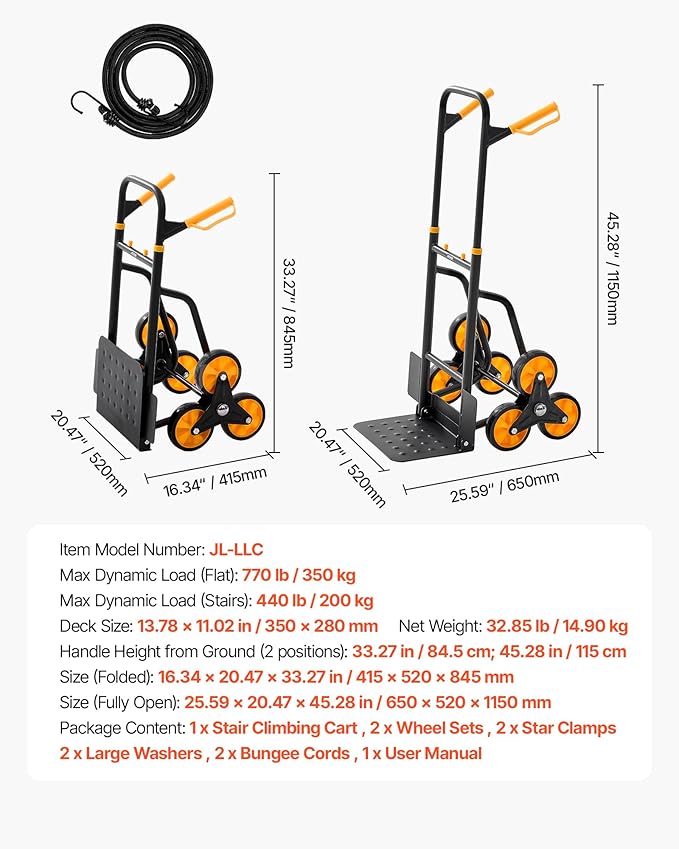 VEVOR Stair Climbing Cart, 770 lbs Stair-Climbing Capacity, Heavy-Duty Folding Trolley Cart with Telescoping Handle, 6 Wheels and 2 Bungee Cords, Stair Climber Dolly for Home, Groceries, Warehouse
