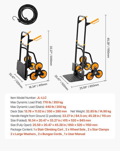 VEVOR Stair Climbing Cart, 770 lbs Stair-Climbing Capacity, Heavy-Duty Folding Trolley Cart with Telescoping Handle, 6 Wheels and 2 Bungee Cords, Stair Climber Dolly for Home, Groceries, Warehouse