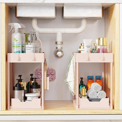 Simple Trending Under Sink Organizer 2 Pack, Sink Pull-Out Sliding Storage Cabinet, 2-Tier Under Shelf Organizer for Kitchen Bathroom, Pink