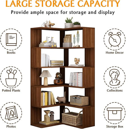 IOTXY 6-Tier L-Shaped Corner Bookshelf - 66" Tall Wooden Freestanding Bookcase with Open Shelf Units, Walnut