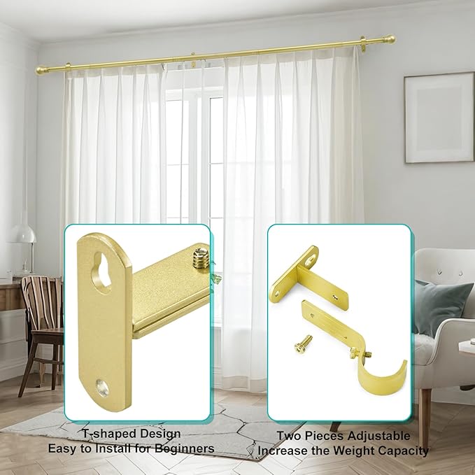 Adjustable Curtain Rod Brackets, Metal Window Drapery Rod Hanger Holders Hooks for 1 inch Rods (Warm Gold, Set of 2)