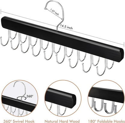 NECAMOCU 2 Pack Bra Hanger for Closet Organizer, Premium Wooden Tank Top Hangers with 36 Foldable Hooks, 360° Rotating Design, Space Saving Storage for Tank Tops, Bras, Scarves and More, Black