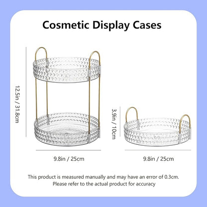 Gold Rotating Makeup Organizer for Vanity, 2-Tier Large Capacity Perfume & Skincare Organizer with Brush Holder, 360° Bathroom Countertop Organizer for Cosmetics, Jewelry & Hair Products