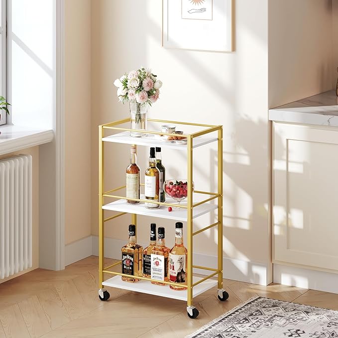 Bar Cart for The Home, 3-Tier Drink Cart on Wheels, Home Bar Serving Cart, Mini Bar Cart for Small Space, Rolling Kitchen Carts for Bar, Kitchen, Dining Room, Gold RCJW4001