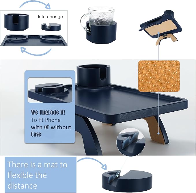 Nnewvante Couch Arm Tray,3 in 1 Large 15.36"x9.85" Bamboo Couch Table Armrest Sofa Arm Clip on Tray Table with 360°Rotated Phone/Cup Holder,Navy Blue