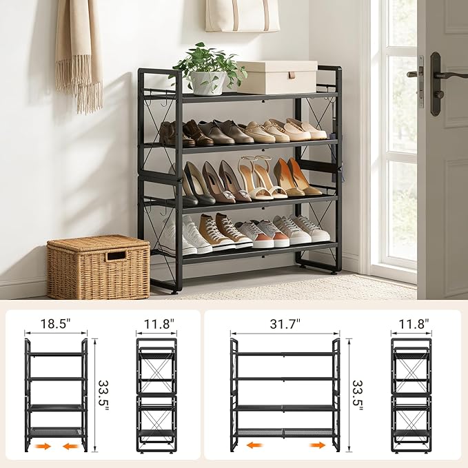 ELYKEN Shoe Rack, 4-Tier Expandable Shoe Organizer for Entryway, Metal Black Shoe Shelf with 4 Hooks, Adjustable Shoe Stand Holder for Closet, Garage, Door Entrance
