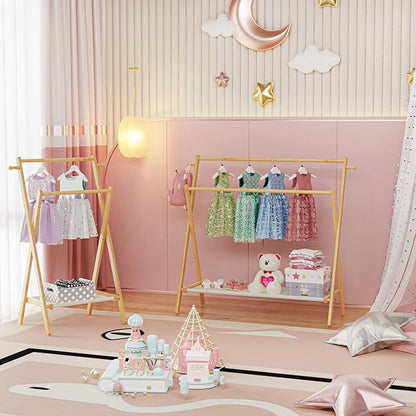 Kids Clothing Rack With Storage Shelf & Double Rods, Foldable Dress Up Clothes Rack for Toddler Nursery, Child's Room, 100% Natural Bamboo (Large Size)