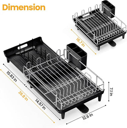 TOOLF Expandable Dish Rack, Dish Drying Rack for Kitchen Counter, Foldable Dish Dryer Rack, Stainless Steel Dish Drainer Racks with Cutlery Holder, Collapsible Dish Drying Racks Large Size,Black
