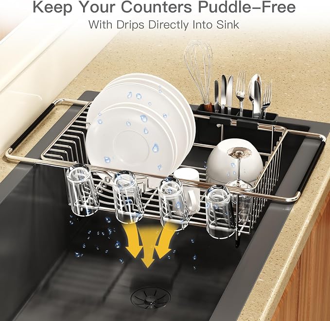 Over the Sink Expandable Dish Drainer Drying Rack In Stainless Steel for Small Kitchen, Counter Space Saving Modern Compact Metal Above Plate Dryer Strainer, Adjustable Hanging Inside Drain Holder | Expandable Stainless Steel Dish Drainer for Small Kit...