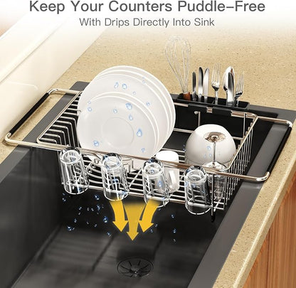 Over the Sink Expandable Dish Drainer Drying Rack In Stainless Steel for Small Kitchen, Counter Space Saving Modern Compact Metal Above Plate Dryer Strainer, Adjustable Hanging Inside Drain Holder | Expandable Stainless Steel Dish Drainer for Small Kit...