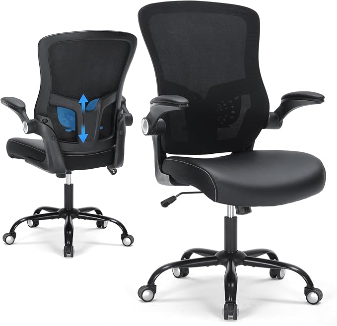 Ergonomic Office Chair, Mid Back Breathable Mesh Desk Computer Swivel Chair with Adjustable Lumbar Support,Flip up Arms,PU Leather Cushion for Home Office, Black