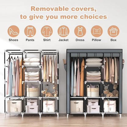VTRIN Portable Closet Wardrobe for Hanging Clothes with 2 Hanging Rods and 8 Storage Organizer Shelves,Sturdy Large Wardrobe Closet for Bedroom Free Standing Clothes Rack with Cover,Grey