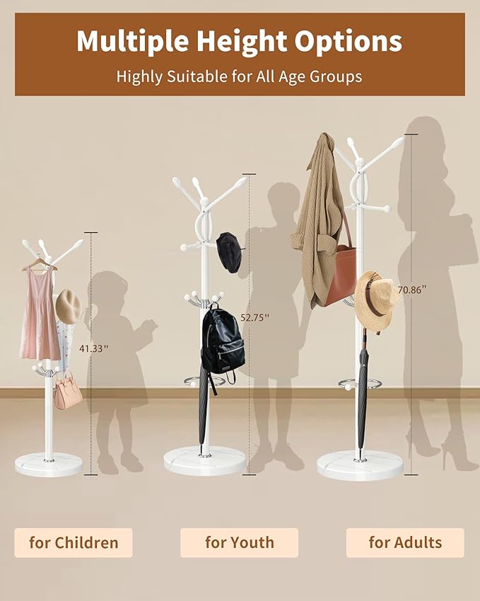 Metal Coat Rack with Natural Marble Base,Coat Rack Stand with 10 Hooks & Umbrella Holder,Modern Freestanging Coat Racks,White Standing Coat Jacket Hanger Tree Stand for Corner Entryway