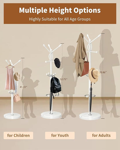 Metal Coat Rack with Natural Marble Base,Coat Rack Stand with 10 Hooks & Umbrella Holder,Modern Freestanging Coat Racks,White Standing Coat Jacket Hanger Tree Stand for Corner Entryway