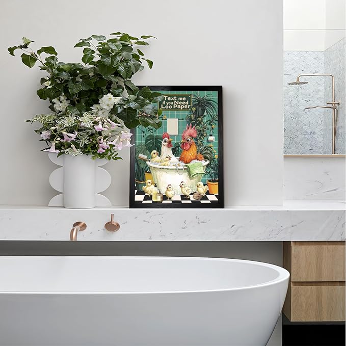Funny Chicken Bathing And Playing Bathroom Wall Decor-Cute Poultry Farmhouse Decor, Framed Animal Wall Decor For Bathroom Washroom Restroom Decor Rustic Humor Wall Poster (Black Framed) 12x16 Inch
