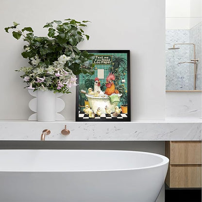 Funny Chicken Bathing And Playing Bathroom Wall Decor-Cute Poultry Farmhouse Decor, Framed Animal Wall Decor For Bathroom Washroom Restroom Decor Rustic Humor Wall Poster (Black Framed) 12x16 Inch