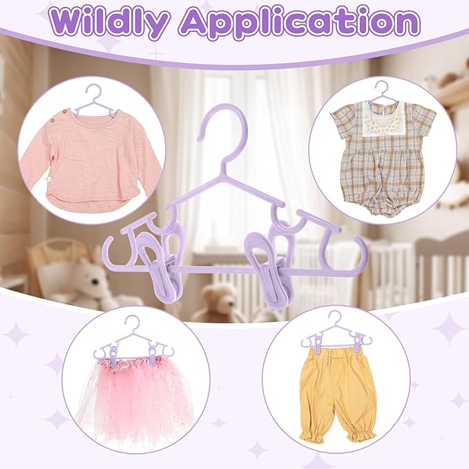 Hsei 5/10/40 Pack Baby Hangers with 10/20/80 Clips, Plastic Kids Pants Hangers for Nursery Closet Top and Bottom Clothes Hanger Set for Newborn Infant Toddler(120 Packs Total,Purple,10.6 Inch)
