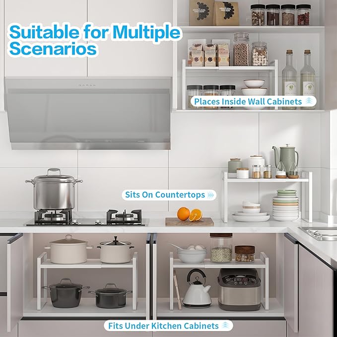 Expandable Cabinet Shelf Organizer Stackable Metal Storage Rack, Adjustable Width & Height Countertop Spice Rack, Heavy Duty Pantry Cupboard Under Sink Organizer for Kitchen Bathroom Office