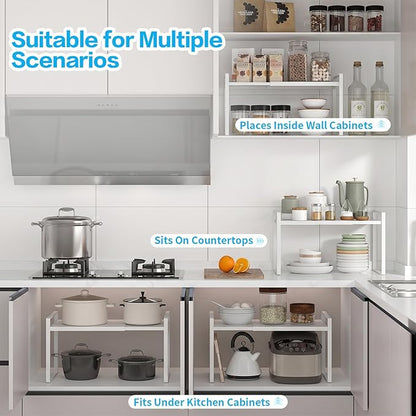 Expandable Cabinet Shelf Organizer Stackable Metal Storage Rack, Adjustable Width & Height Countertop Spice Rack, Heavy Duty Pantry Cupboard Under Sink Organizer for Kitchen Bathroom Office