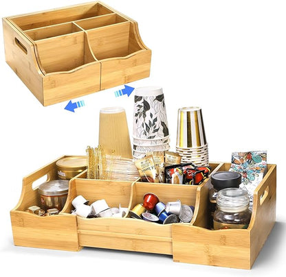 WRINGKIT Coffee Station Organizer for Countertop, Bamboo Coffee Bar Condiment Organizer, Extendable Tea Condiment Storage for Bar Decor, Kitchen, Office, 7 Compartment