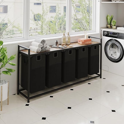 Laundry Basket Five Laundry Hamper with Removable Bags, Fabric Handles, Large Top Shelf and Laundry Bag for Bathroom, Dorm, Laundry Room