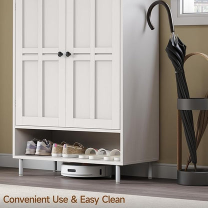 ONBRILL Shoe Storage Cabinet with Cross Molding Doors, 6-Tier Farmhouse Shoe Cabinet with 3 Adjustable Shelves and Metal Legs, 45'' Tall Shoes Rack Organizer Cabinet for Entryway, Front Door, White