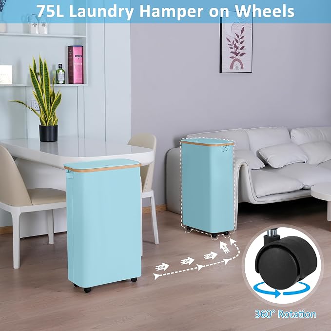 efluky Slim Laundry Hamper with Wheels, Narrow Laundry Basket with Lid and Removable Bag, Aesthetic Dirty Clothes Hamper on Wheels for Laundry Room, Bedroom, Dorm and Bathroom, 75L Beige