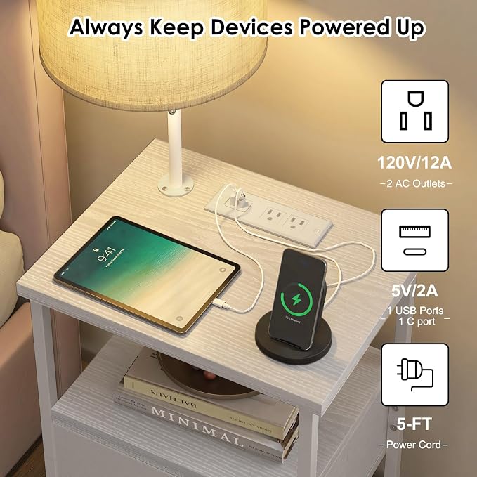 Fixwal Bedside Table with 3 Color Temperatures Bulb Attached, Nightstand with Charging Station and Lights, End Table with Fabric Drawer for Bedroom & Dorm (White)