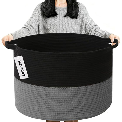 90L Extra Large Blanket Basket,Woven Laundry Basket Hamper with Handles, Decorative Nursery Basket Storage Bin for Toys, Clothes Organizer, Living Room, Bedroom, Bathroom, Black&Dark Grey